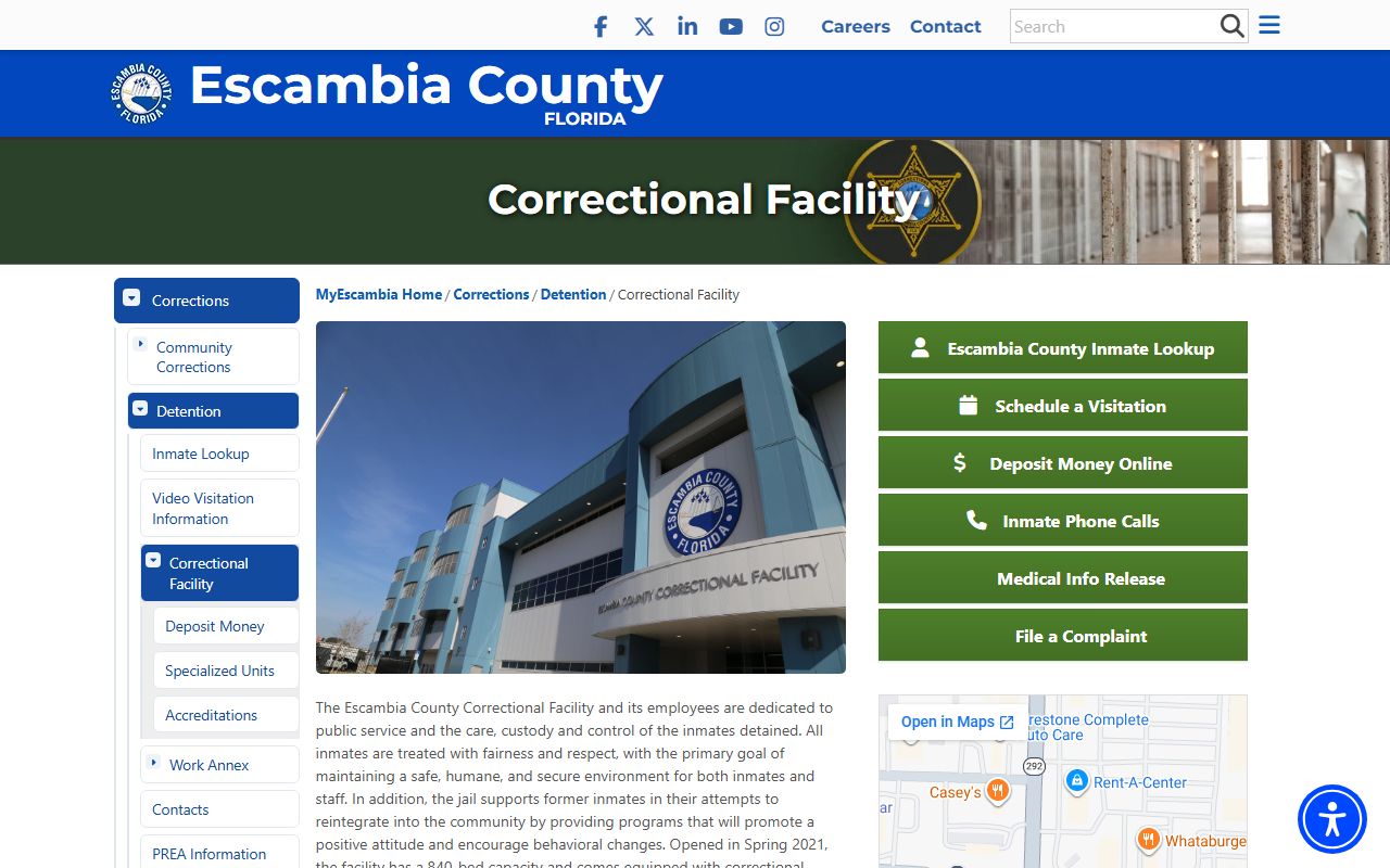 Official Escambia County Correctional Facility jail page with inmate population facts