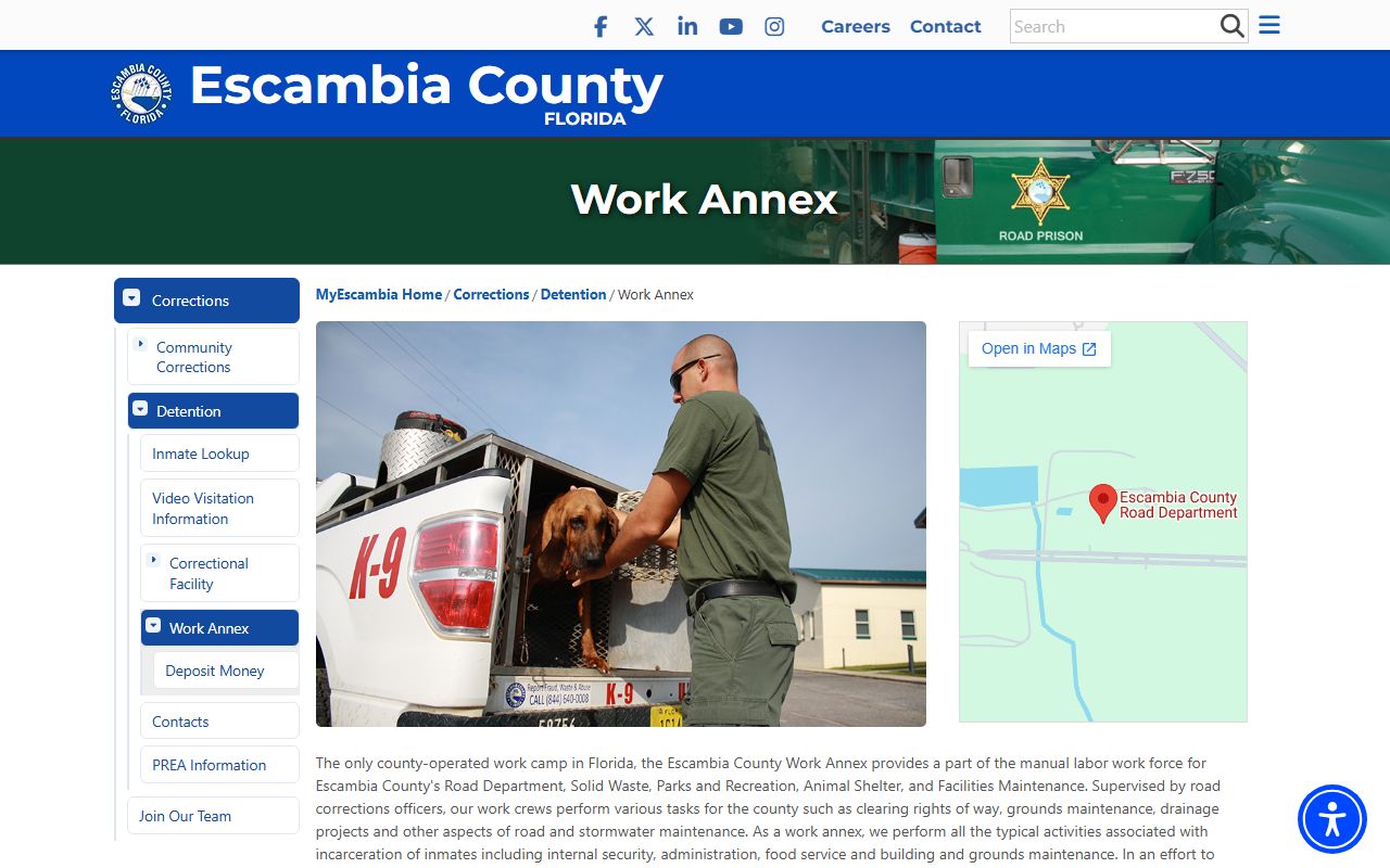 Escambia County Work Annex page showing the county facility address and capacity