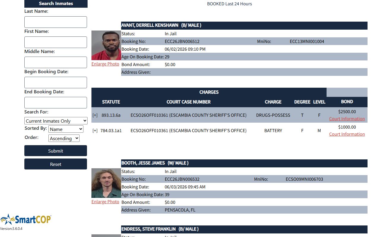 Escambia County SmartWEB Jail View inmate roster search page