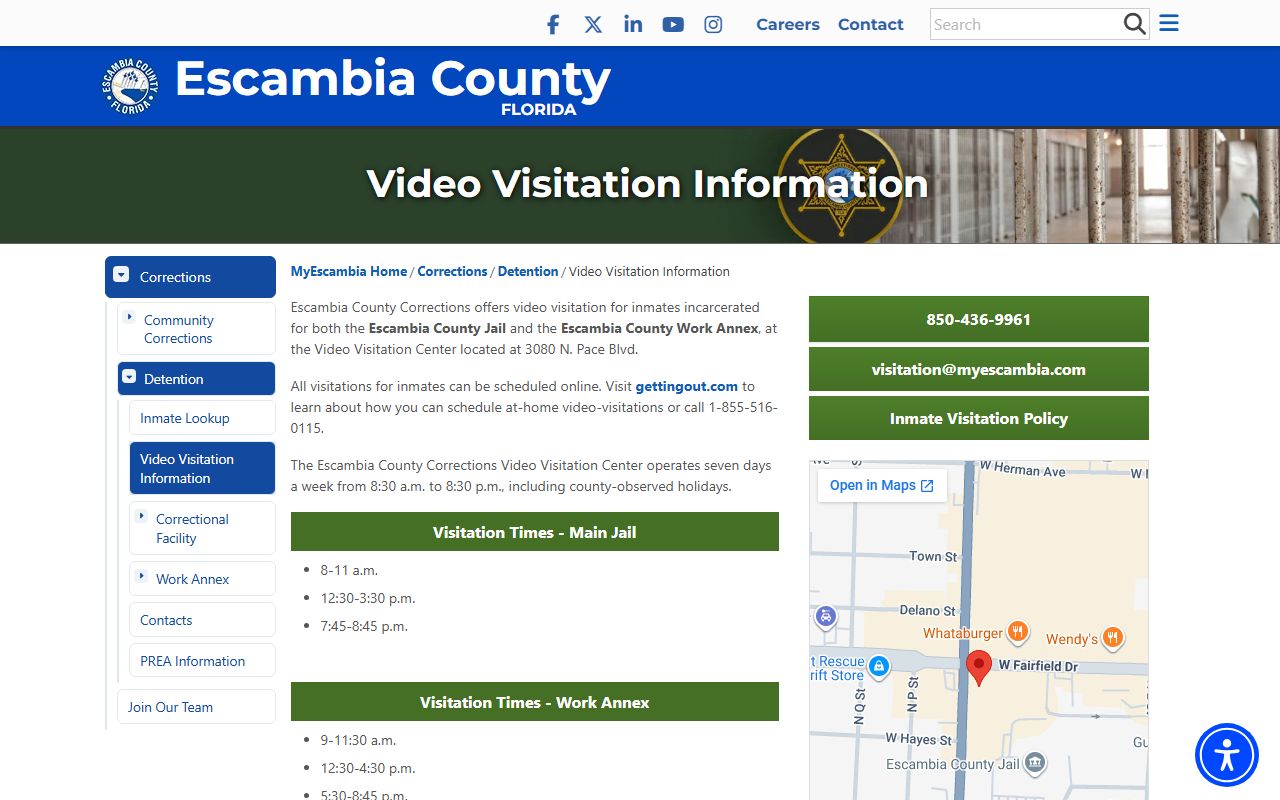 Escambia County jail video visitation schedule and inmate records visiting rules