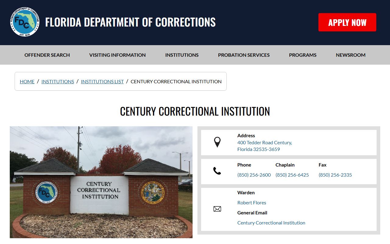 FDC Century Correctional Institution page for the Escambia County state prison population