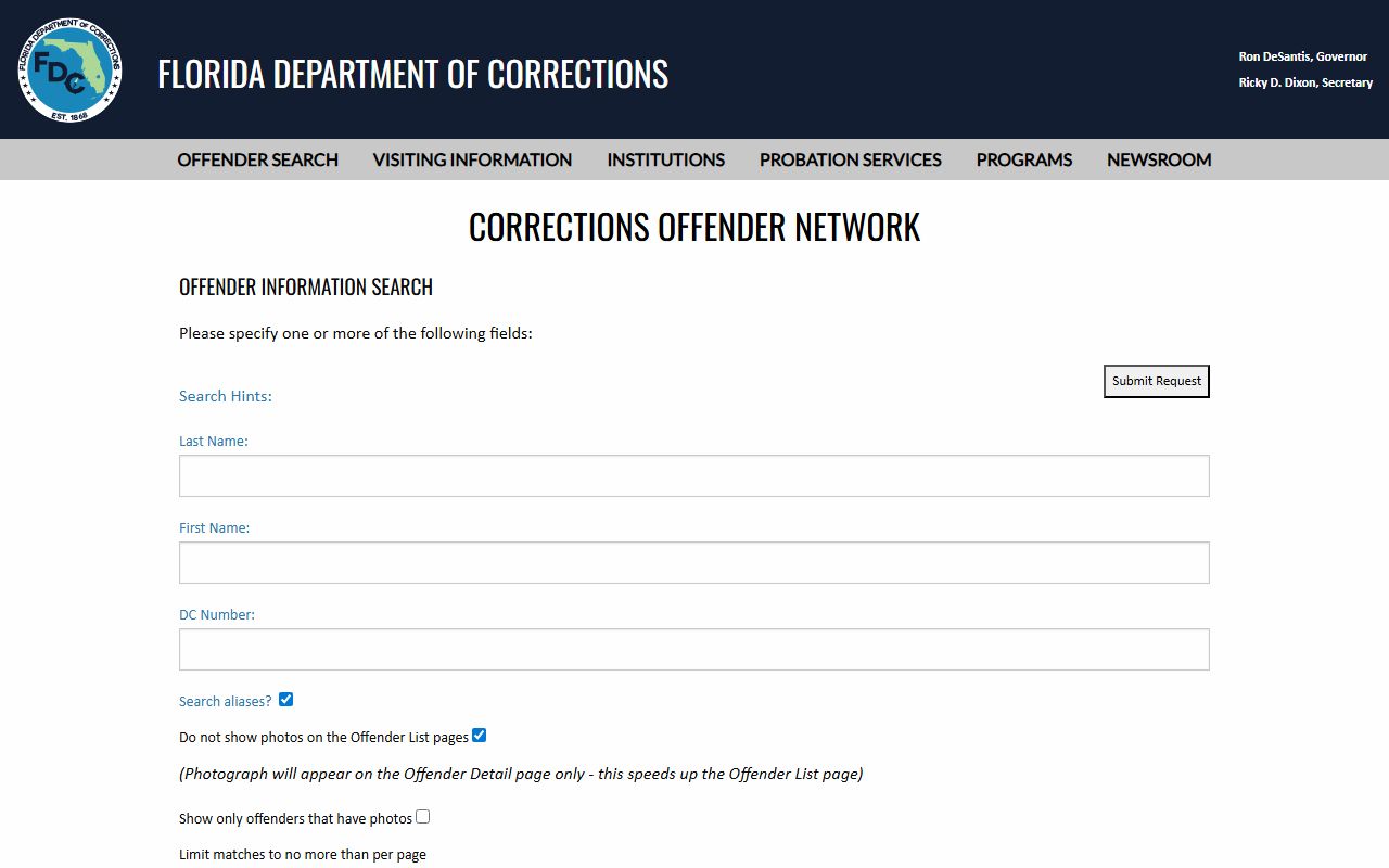 Florida Department of Corrections offender search for the Escambia County state prison population