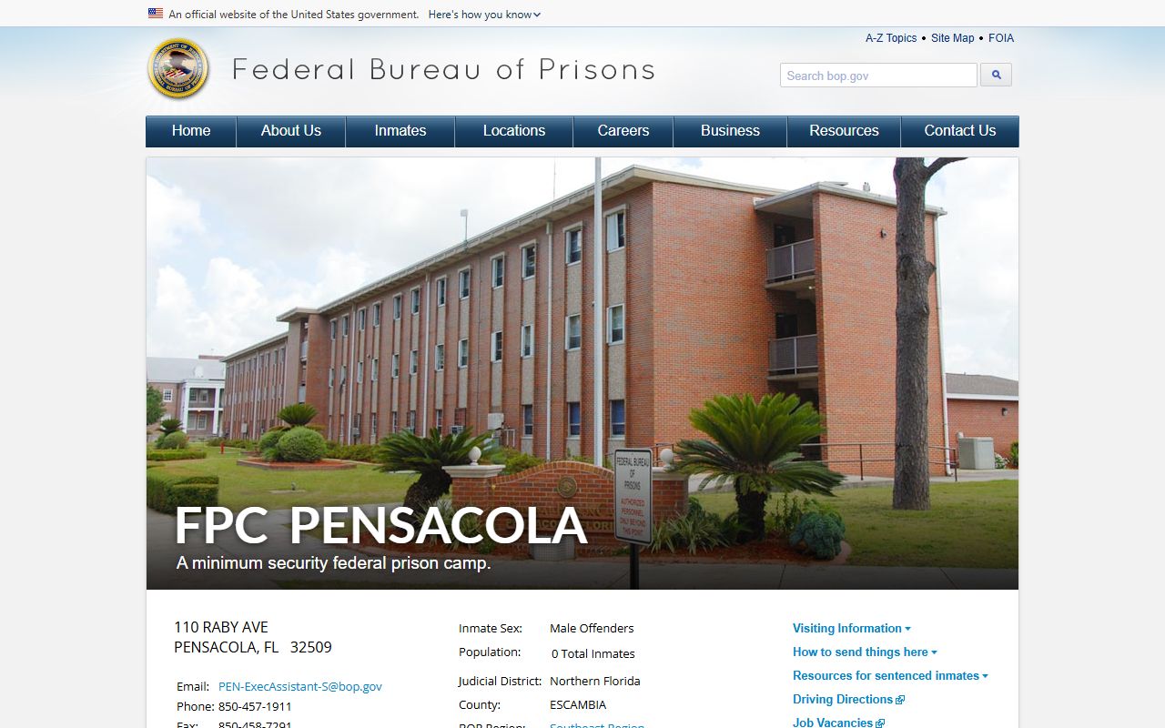 BOP Federal Prison Camp Pensacola page for the Escambia County federal inmate population